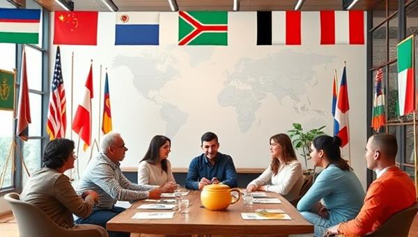 An international language cafe setting with virtual flags representing different countries, language study materials, and diverse avatars engaged in language conversations, capturing the essence of cultural exchange and global connections within the online community.