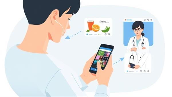 An illustrative image of a person using the DiabeEase Care app to track their glucose levels, view personalized meal recommendations, and consult with a virtual healthcare provider, showcasing convenience and proactive diabetes management.