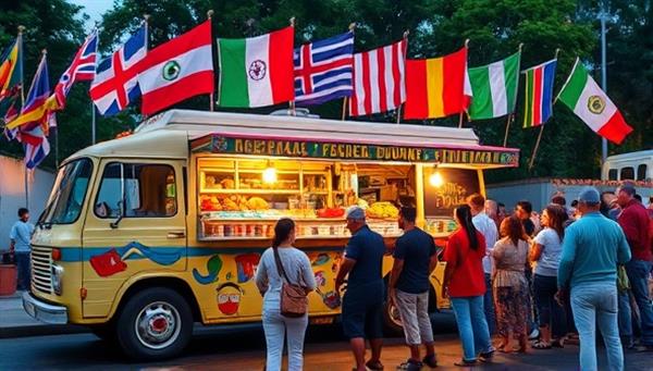 A vibrant food truck adorned with colorful flags representing different cultures, serving fusion dishes bursting with diverse flavors, with customers lining up eagerly to experience the global taste journey, evoking a sense of culinary fusion and excitement.