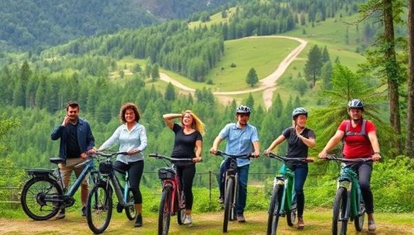 A vibrant image of electric bikes lined up against a backdrop of lush green forests and winding trails, with a group of diverse people smiling and gearing up for an adventure, capturing the essence of sustainable outdoor fun.