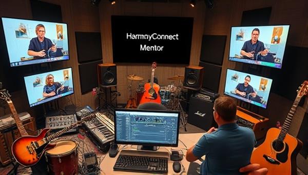 A virtual music studio environment with avatars jamming, producing music, and receiving feedback from mentors on digital screens, surrounded by musical instruments and recording equipment, fostering a collaborative and inspirational atmosphere at HarmonyConnect Mentor.