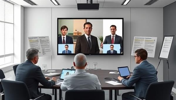 A digital conference setting with lobbyists engaging in a virtual meeting with policymakers, surrounded by policy documents and advocacy materials, illustrating collaborative efforts to influence legislative decisions and advocate for societal change.