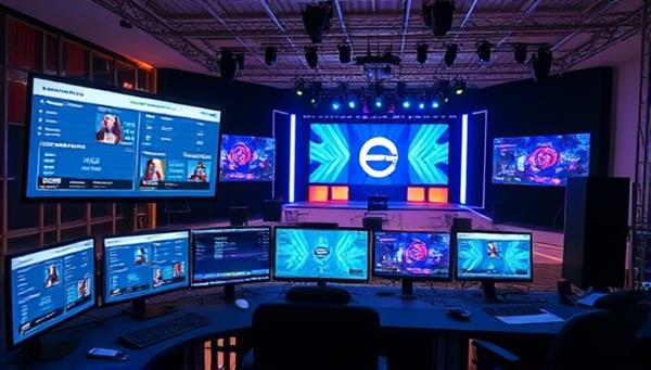 A virtual event planning control center with multiple screens displaying event schedules, guest lists, and live event feeds. The background features a virtual event stage setup with lighting equipment and digital event branding, showcasing the versatility and sophistication of virtual event planning.