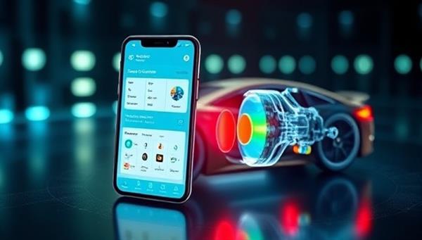 A futuristic depiction of AutoMind Monitor in action, showing a smartphone screen displaying a detailed car maintenance schedule, service recommendations, and a 3D visualization of a vehicle
