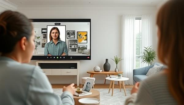A virtual interior designer presenting a digital mood board and design concept to a client via video call, with virtual room renderings and decor samples in the background, illustrating creativity and design transformation.