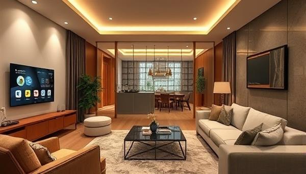 An elegant living room with smart home devices seamlessly integrated, showcasing voice-activated controls, automated lighting, and security features, illustrating the modern and convenient lifestyle offered by HomeTech Assist.