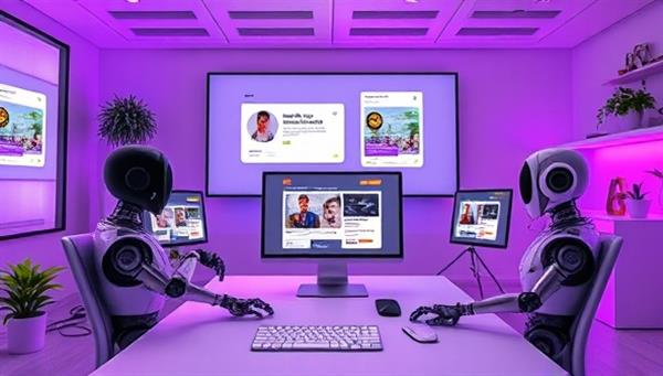 A virtual design studio with chatbot avatars interacting with clients, exchanging design ideas, and presenting website mockups in a seamless and engaging environment, demonstrating the innovative and interactive nature of ChatCraftWeb