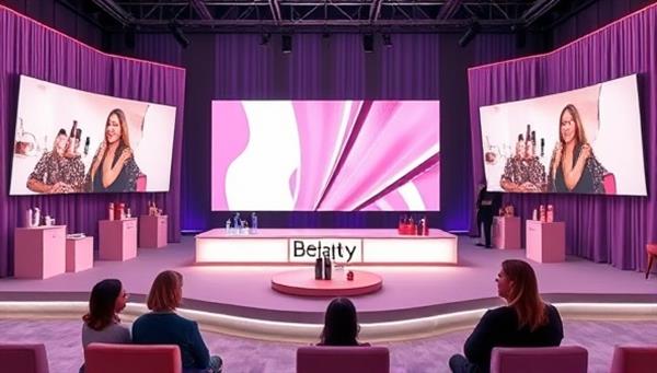 An immersive virtual event setup featuring a digital stage with interactive panels, beauty product displays, and live chat options for attendees to engage with speakers and brands, creating a dynamic and connected beauty community online.