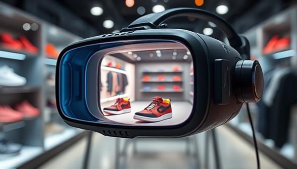 A futuristic AR headset displaying a virtual shoe store where users can try on shoes in a digital environment, blending reality and technology seamlessly in a visually captivating scene.