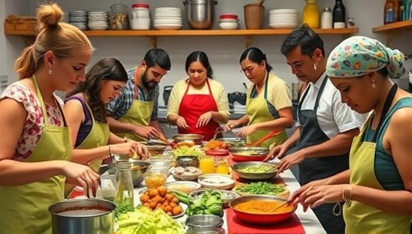 An interactive cooking workshop scene with participants of various cultural backgrounds cooking together in a vibrant kitchen setting, surrounded by colorful spices, ingredients, and cooking utensils, symbolizing unity and collaboration through food and shared experiences.