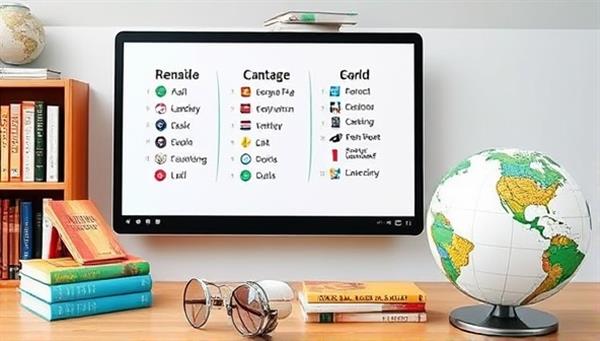 An interactive online language lesson with a virtual whiteboard, language books, and a globe, symbolizing global connections and cultural exchange through language learning.