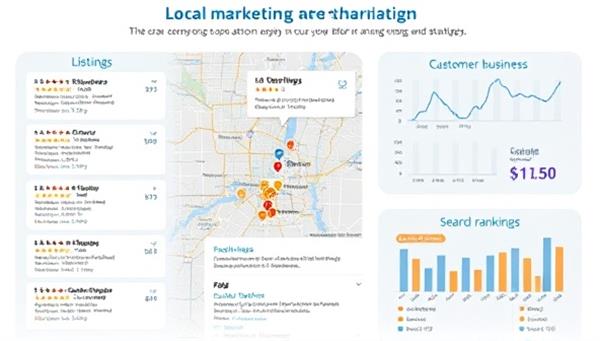 A dynamic infographic showcasing local business listings, customer reviews, and search engine rankings, illustrating the platform