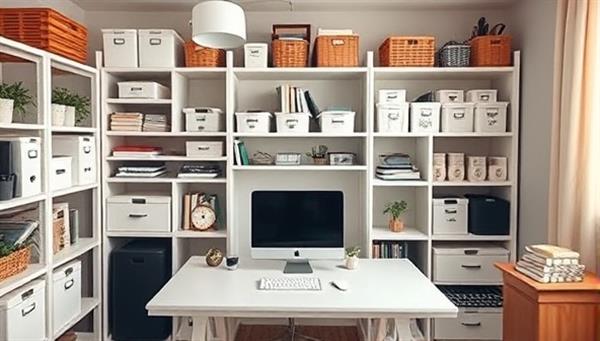 An aesthetically pleasing and organized home office setup with labeled storage containers, neatly arranged shelves, and a clutter-free workspace, showcasing the transformative power of virtual home organization services in creating functional and serene living spaces.
