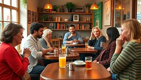 A cozy cafe setting with diverse customers engaging in conversations in different languages, sipping on beverages and sharing cultural insights, creating a vibrant and multicultural language learning atmosphere.