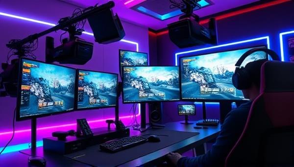 A sleek and futuristic gaming setup with high-end streaming equipment, colorful LED lights, and a professional-looking streamer showcasing gameplay on multiple screens, highlighting the studio