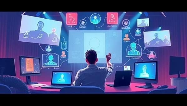 A dynamic and engaging digital illustration of a virtual event planner brainstorming ideas for a digital conference, surrounded by virtual event elements like screens, lights, and interactive features, conveying creativity, professionalism, and innovation in virtual event planning, inspiring clients to elevate their online gatherings.
