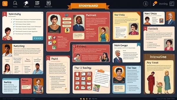 An interactive digital storyboard filled with diverse character profiles, plot outlines, and interactive elements, showcasing the collaborative and dynamic nature of the storytelling platform.