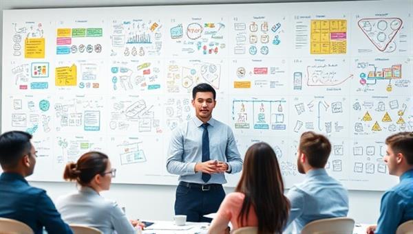 An innovation consultant leading a team brainstorming session, surrounded by whiteboards filled with colorful ideas, sketches, and innovative concepts, capturing the essence of creativity and collaboration in innovation consulting.