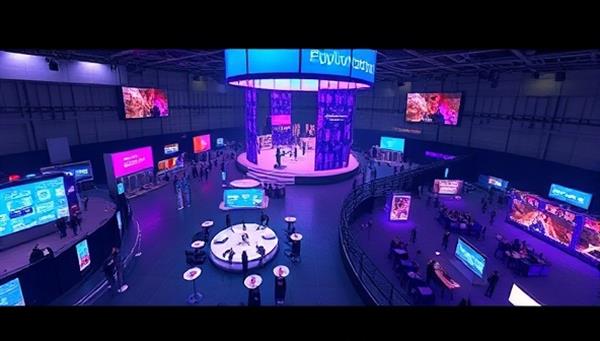 An immersive digital rendering of a virtual event space with interactive booths, stages, and networking areas, illustrating the dynamic and engaging virtual environments created by EventSphere Virtual for clients seeking innovative event solutions in the digital realm.