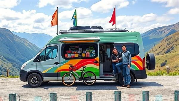 A colorful mobile van parked in a scenic location with bicycles displayed outside, welcoming curious tourists and locals, with vibrant flags fluttering in the breeze and a backdrop of picturesque landscapes, conveying a sense of adventure and exploration.