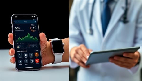A smartphone displaying a sleek healthcare app interface with vital sign graphs and notifications, a smartwatch on a wrist collecting data, and a doctor reviewing patient information on a tablet, illustrating seamless remote monitoring and care coordination.