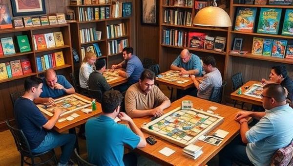 A cozy board game cafe filled with players gathered around tables, immersed in various tabletop games, rolling dice, playing cards, and strategizing their moves, with shelves showcasing a colorful array of board games and a welcoming ambiance that fosters community and camaraderie among gamers.