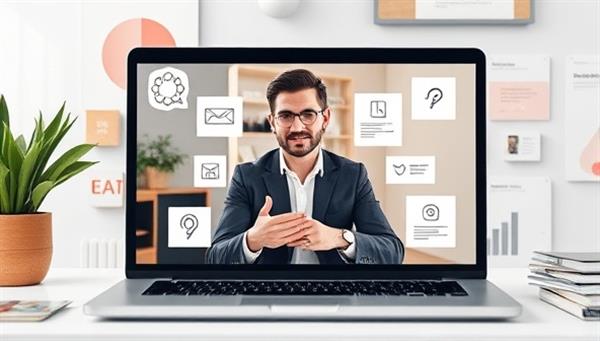 A professional branding session depicted on a laptop screen, showing a client receiving personalized branding advice and strategies, surrounded by visual elements representing branding concepts and identity development, conveying a sense of creativity and professionalism.