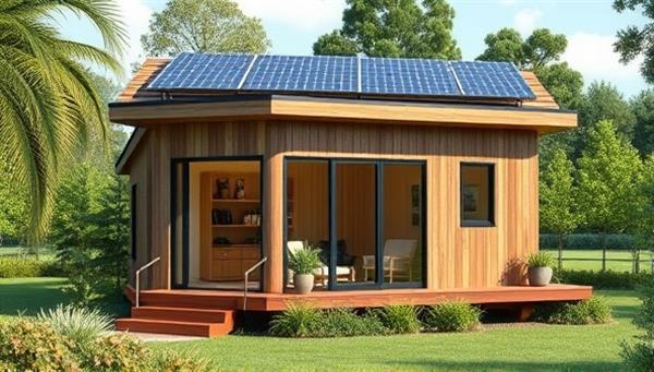 A modern, sleek microhome design with large windows, surrounded by lush greenery and solar panels on the roof, showcasing a blend of sustainability and contemporary living.