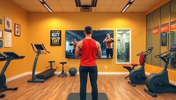 A vibrant virtual gym setting with a fitness coach guiding a workout session on a screen, surrounded by exercise equipment, motivational posters, and energetic music, inspiring users to stay active and healthy.