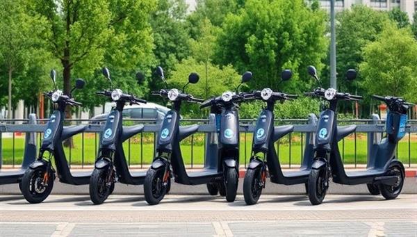 A visually appealing graphic featuring sleek electric scooters lined up at a rental station against a backdrop of a green cityscape, signaling convenience and sustainability in urban transportation through the subscription service.