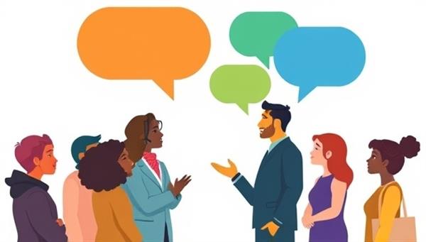 An illustration of diverse candidates and hiring managers engaging in a dialogue, symbolizing inclusivity and collaboration in the recruitment process, with colorful speech bubbles representing diverse perspectives and experiences, fostering a culture of understanding and respect.