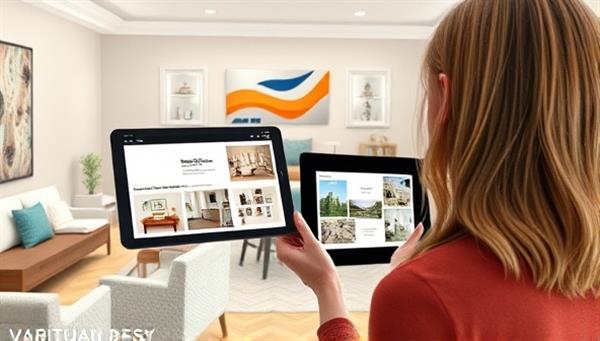 An artistic rendering of a virtual room design consultation, featuring a designer displaying digital mood boards and furniture selections on a tablet, with a virtual room layout in the background, showcasing creativity and digital design tools.