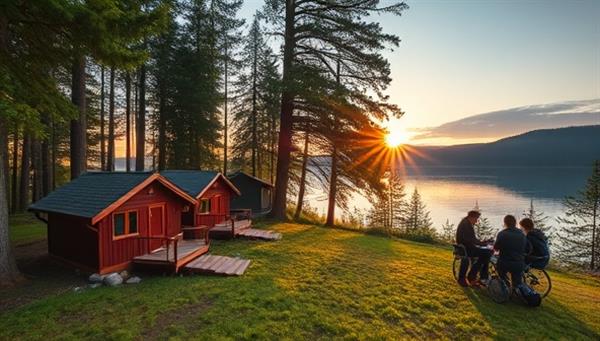 A serene and picturesque view of a writing retreat venue, featuring cozy cabins nestled in a forest clearing, a tranquil lake reflecting the sunset, and writers engaged in creative activities outdoors, capturing the peaceful and inspiring atmosphere of the retreat experience.