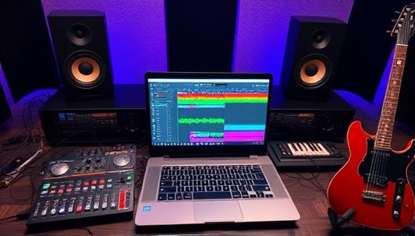 A virtual music studio setup with a laptop displaying music production software, MIDI controllers, studio monitors, and musical instruments, creating an immersive and creative environment for learning and creating music.