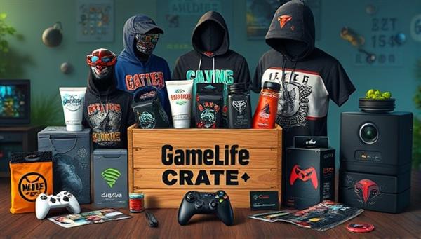 An artistic portrayal of a GameLife Crate filled with gaming lifestyle products, including apparel, tech gadgets, gaming-themed accessories, and collectibles, arranged in a visually appealing and thematic layout that captures the essence of the gaming lifestyle and community.