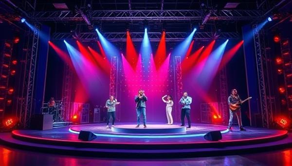 An eye-catching graphic showing a virtual stage with spotlights shining on various performers showcasing their talents, creating a vibrant and dynamic visual representation of the platform.