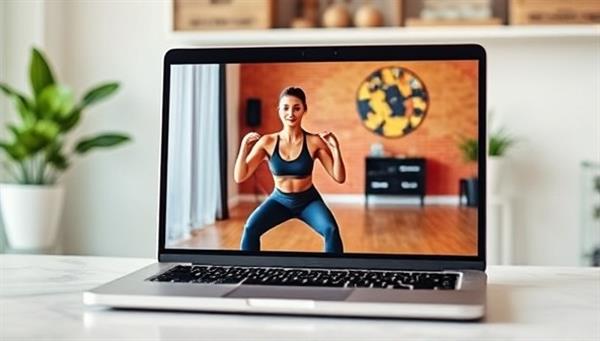 An interactive virtual workout session displayed on a laptop screen, with a fitness coach guiding a client through exercises in a vibrant and energetic setting, showcasing the convenience and effectiveness of virtual fitness coaching.
