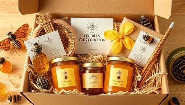 An image of a beautifully designed subscription box filled with jars of golden honey, beeswax candles, and bee-themed accessories, evoking the essence of nature, sustainability, and artisanal craftsmanship.