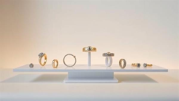 An elegant and minimalist display of 3D-printed jewelry pieces arranged on a sleek, modern display stand, reflecting a blend of technology and sophistication in the world of custom jewelry design.