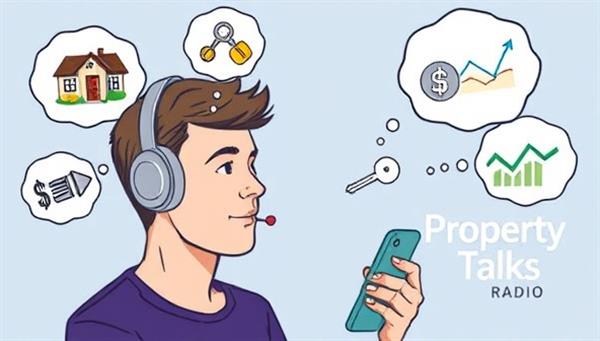 An illustration of a person wearing headphones, listening intently to a real estate podcast on their smartphone, with thought bubbles containing images of properties, keys, and financial charts, symbolizing the informative and entertaining content provided by Property Talks Radio.