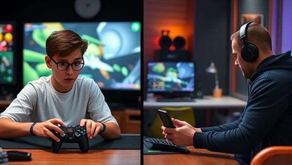 A split-screen image showing a beginner gamer struggling in a game on one side and confidently playing with guidance from a coach on the other side, emphasizing skill improvement and success.