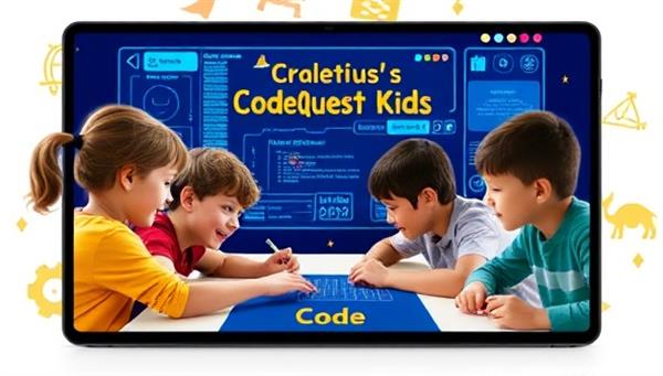 A group of children engaged in a virtual coding challenge on a digital interface, showcasing teamwork, problem-solving, and creativity in the playful and educational environment of CodeQuest Kids