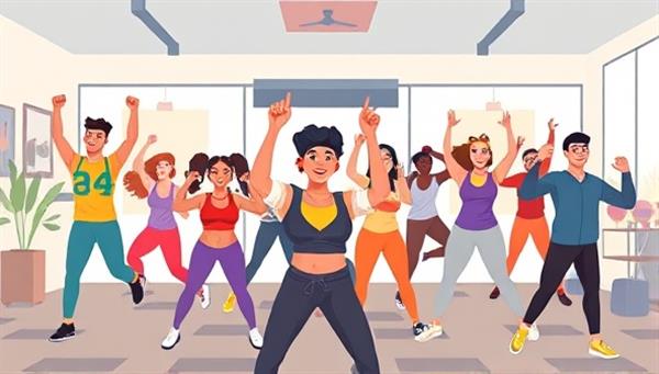 An energetic and dynamic illustration of diverse individuals participating in a virtual fitness class, showcasing the inclusive and motivating atmosphere of FitFusion Hub