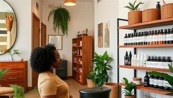 A welcoming salon space designed with natural elements like wood and greenery, a stylist consulting with a client on natural hair care needs, and shelves stocked with curated natural hair products, exuding a serene and inclusive atmosphere for natural hair enthusiasts.