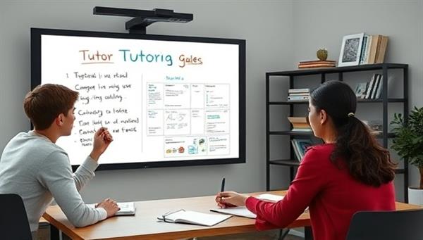A virtual tutoring session featuring a tutor explaining a challenging concept to a student through an interactive online whiteboard, with educational materials and digital resources displayed on the screen, creating an engaging and effective virtual learning environment.