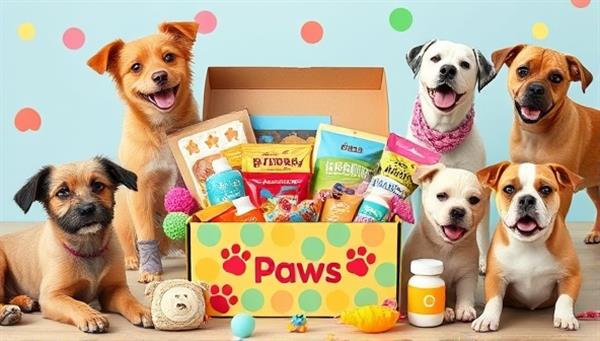 A playful and colorful subscription box filled with pet toys, treats, and accessories, surrounded by happy pets enjoying the contents, capturing the joy and excitement of receiving a Paws & Play Box.