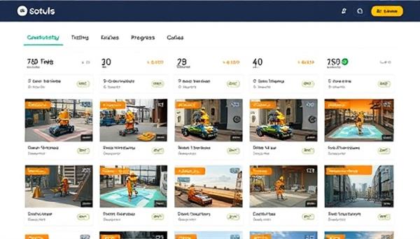 A digital platform interface displaying a variety of interactive construction safety training modules, with 3D simulations, quizzes, and progress trackers, highlighting the engaging and educational nature of the subscription platform.