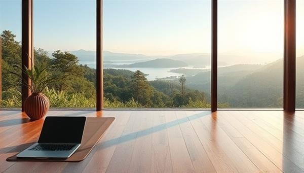A serene digital detox retreat setting with calming nature views, yoga mats, and digital devices symbolically placed aside, conveying a peaceful and balanced approach to tech usage and mental well-being.