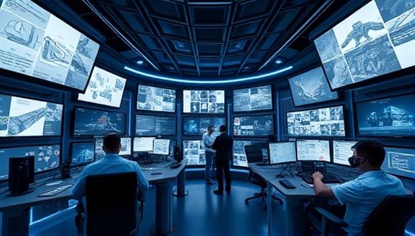 An immersive virtual workspace environment with game developers working together in a futuristic setting, surrounded by screens displaying game assets, sketches, and design concepts, capturing the collaborative and creative essence of CodeHive VR.
