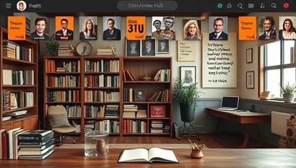 An online writing community interface showcasing writers sharing stories, providing feedback, and engaging in collaborative writing projects within a virtual space filled with bookshelves, writing desks, and inspirational quotes, capturing the creative and supportive essence of StoryVerse Hub.